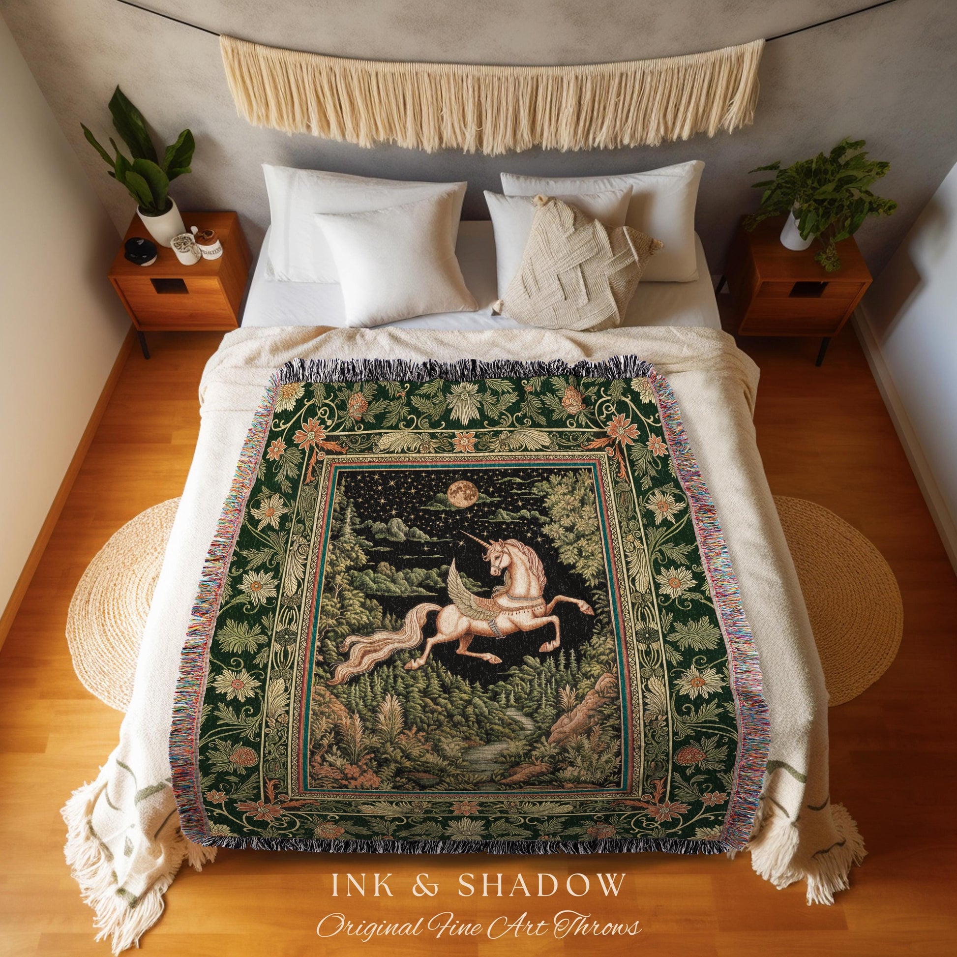 Renaissance Fantasy Pegasus Unicorn Tapestry | Regal Fairytale Decor Romantic Baroque Maximalist Castlecore Mystical Throw Blanket Woven |
