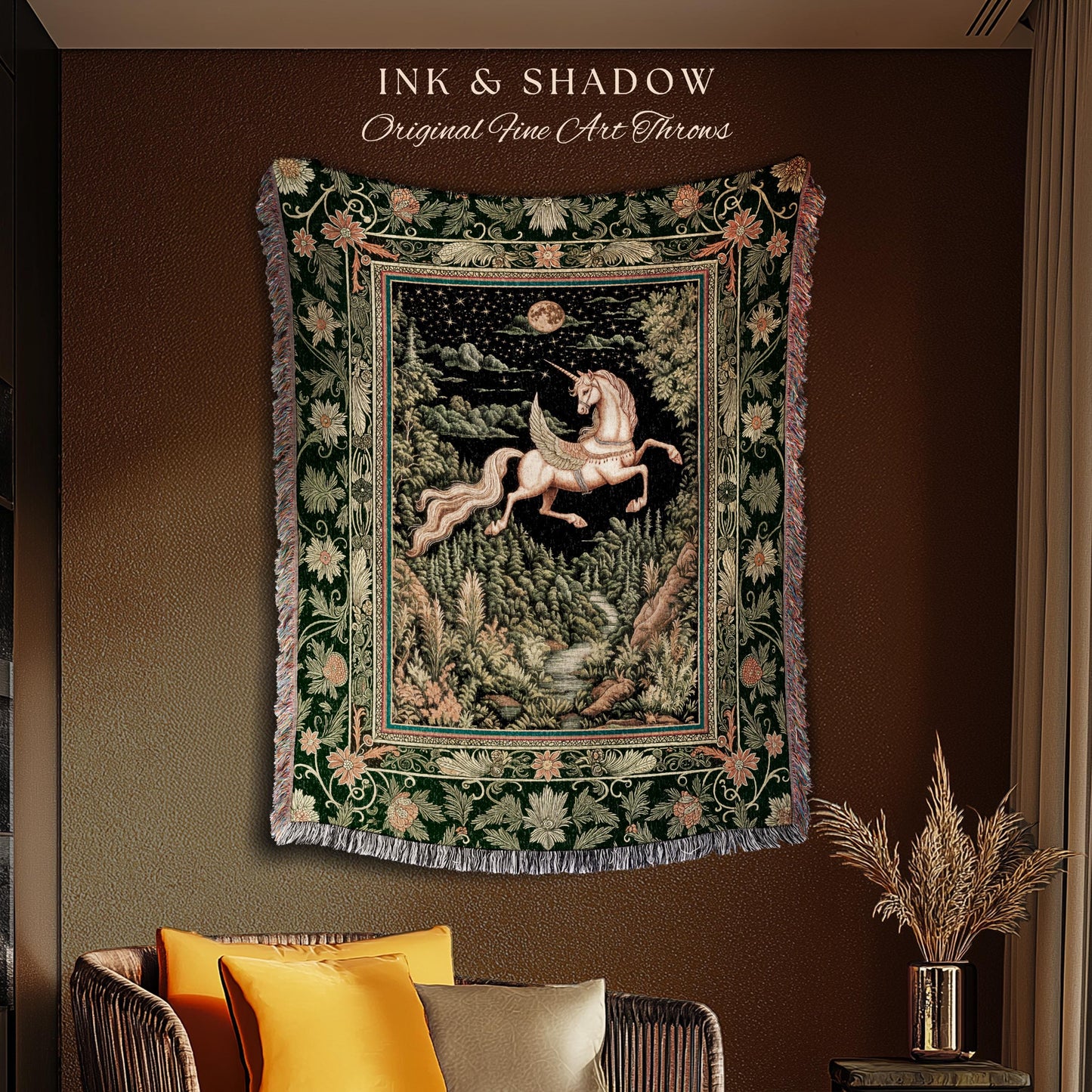 Renaissance Fantasy Pegasus Unicorn Tapestry | Regal Fairytale Decor Romantic Baroque Maximalist Castlecore Mystical Throw Blanket Woven |