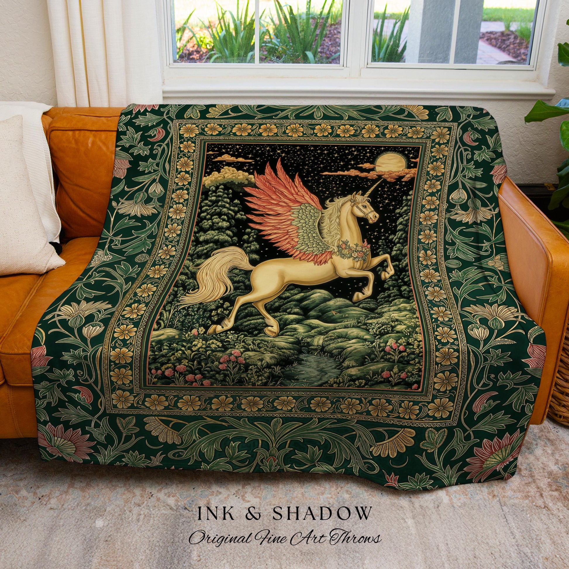 Verdant Landscape Celestial Unicorn Blanket | Fairytale Forest Decor Castlecore Maximalist Romantic Baroque Pegasus Fantasy Woven Tapestry |