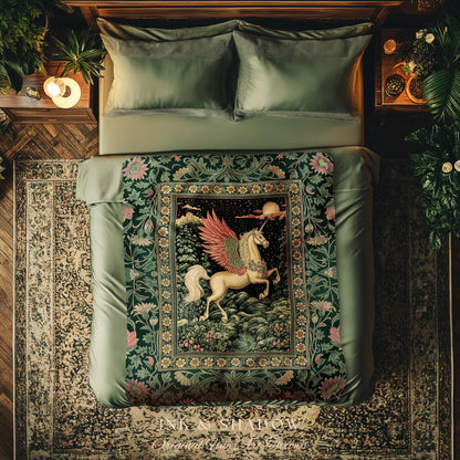 Verdant Landscape Celestial Unicorn Blanket | Fairytale Forest Decor Castlecore Maximalist Romantic Baroque Pegasus Fantasy Woven Tapestry |