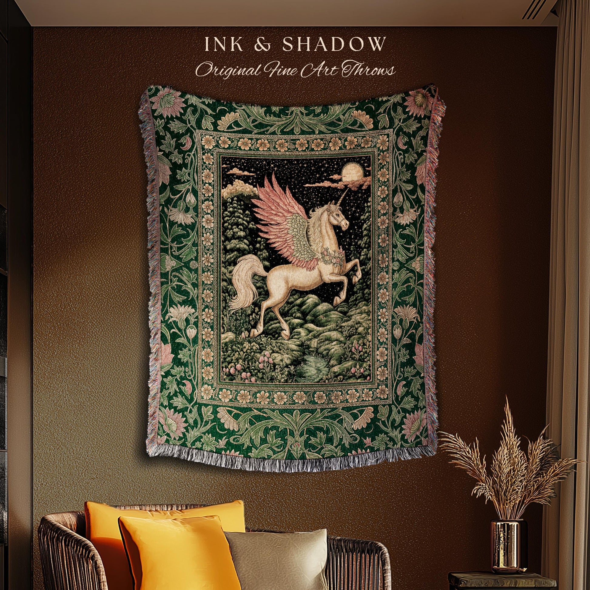 Verdant Landscape Celestial Unicorn Blanket | Fairytale Forest Decor Castlecore Maximalist Romantic Baroque Pegasus Fantasy Woven Tapestry |