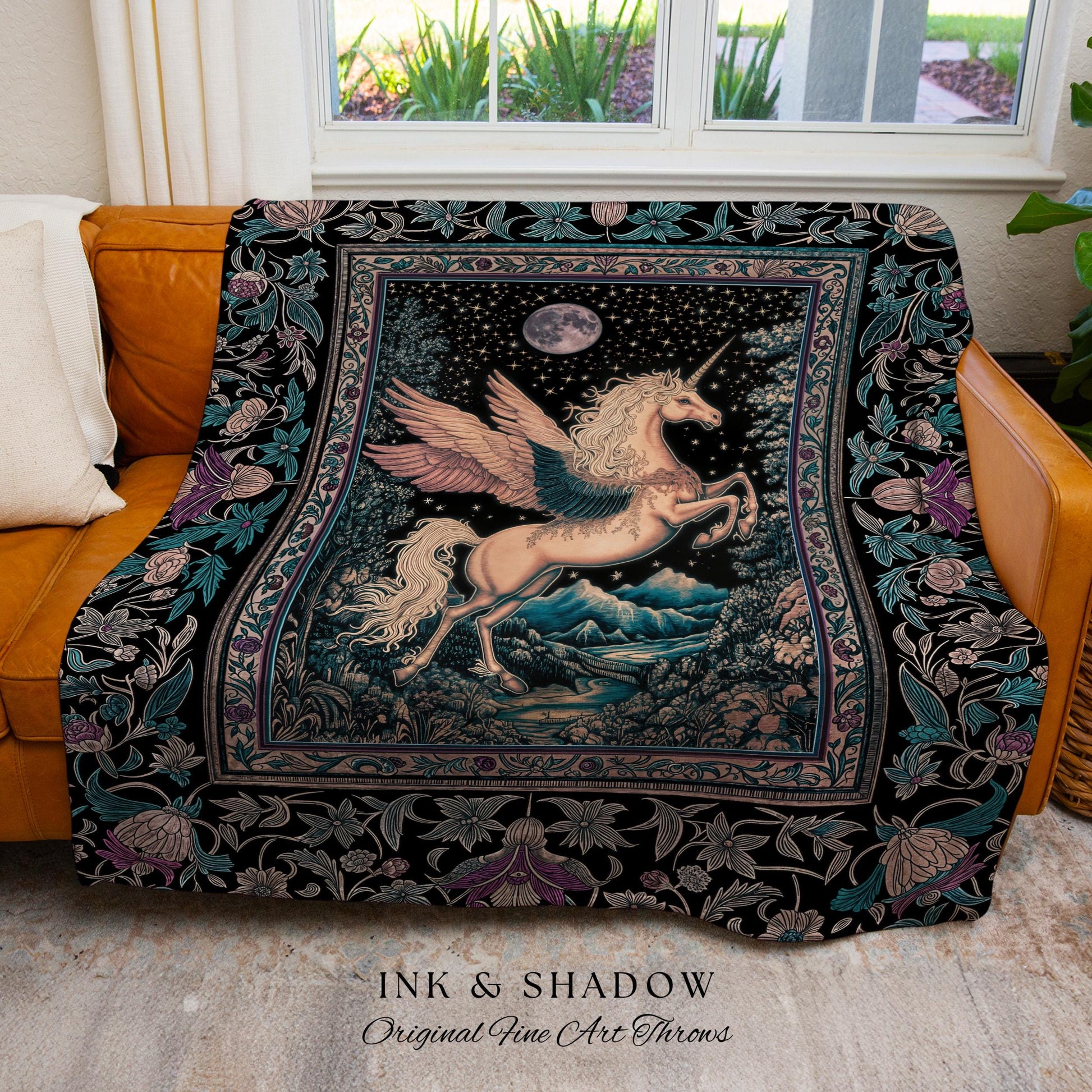 Pastel Moonlight Rustic Pegasus Throw | Baroque Fairytale Decor Whimsical Cottagecore Woven Tapestry Fantasy Boho Forest Regal Castlecore |