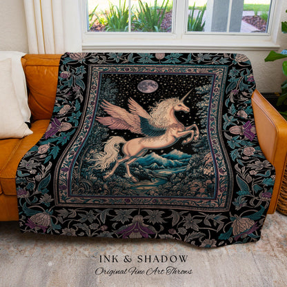 Pastel Moonlight Rustic Pegasus Throw | Baroque Fairytale Decor Whimsical Cottagecore Woven Tapestry Fantasy Boho Forest Regal Castlecore |