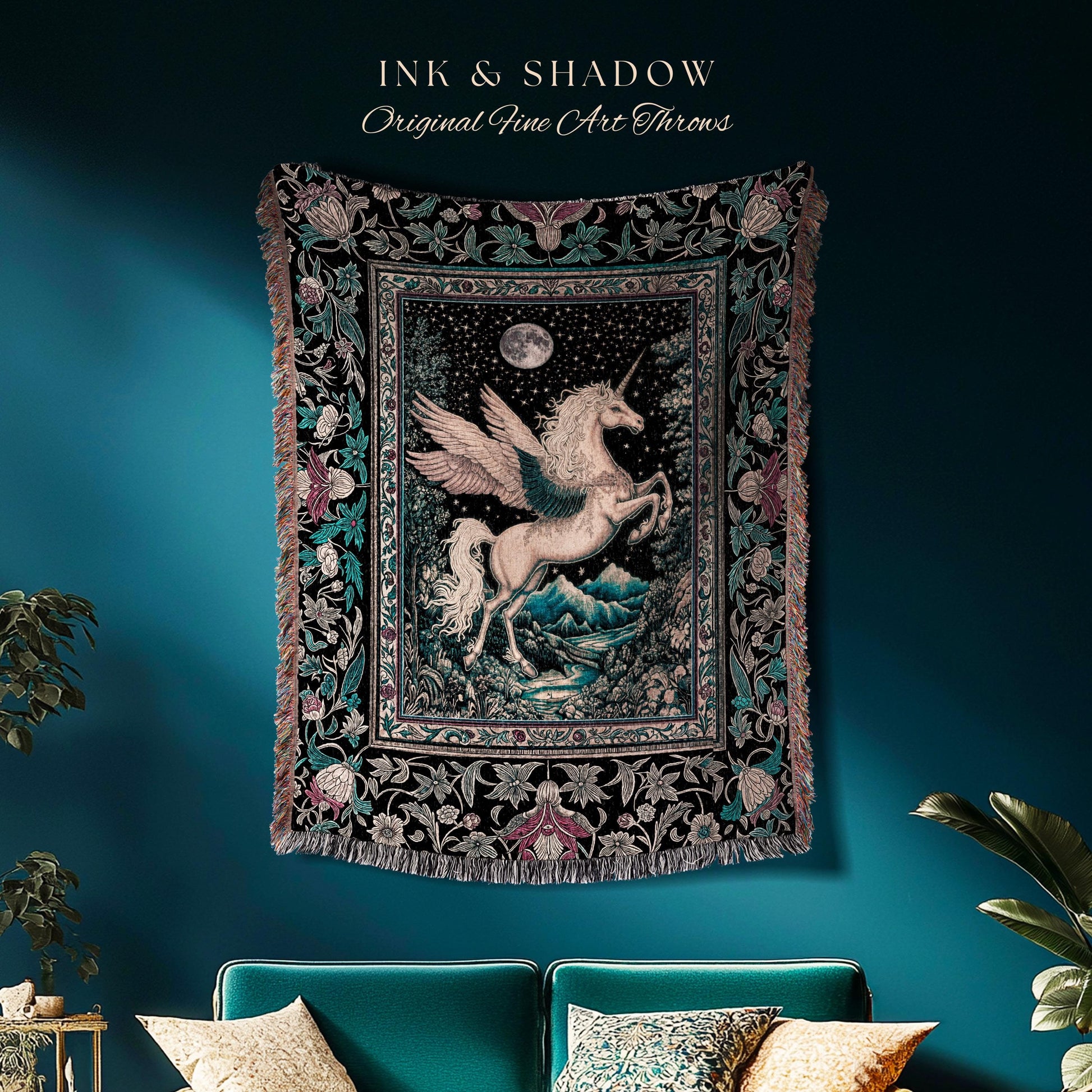 Pastel Moonlight Rustic Pegasus Throw | Baroque Fairytale Decor Whimsical Cottagecore Woven Tapestry Fantasy Boho Forest Regal Castlecore |