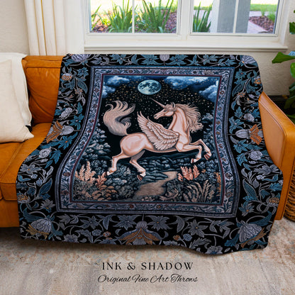 Starlit Blue Pegasus Ethereal Throw | Mystical Castlecore Decor Fairytale Baroque Woven Tapestry Blanket Regal Fantasy Moonlight Forest |