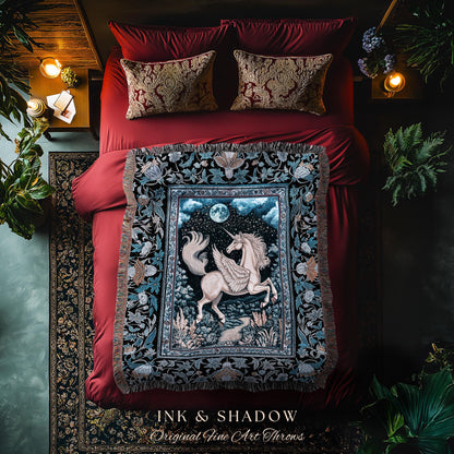 Starlit Blue Pegasus Ethereal Throw | Mystical Castlecore Decor Fairytale Baroque Woven Tapestry Blanket Regal Fantasy Moonlight Forest |