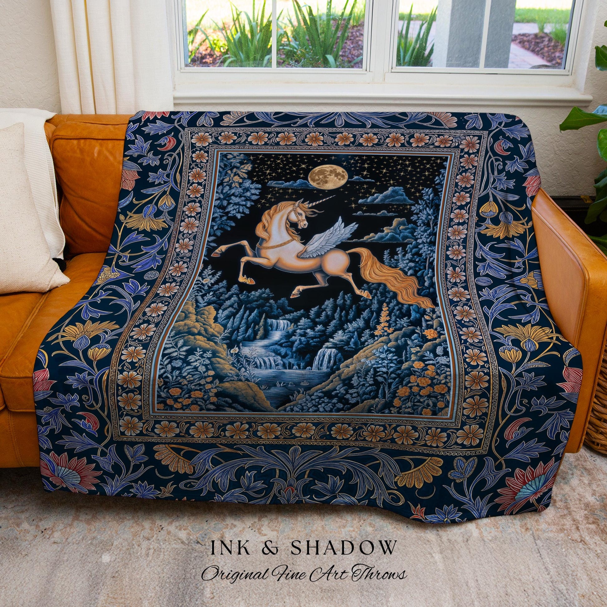 Moody Fantasy Mystic Pegasus Blanket | Enchanted Forest Landscape Midnight Sky Unicorn Decor Regal Baroque Fairytale Woven Tapestry Romantic