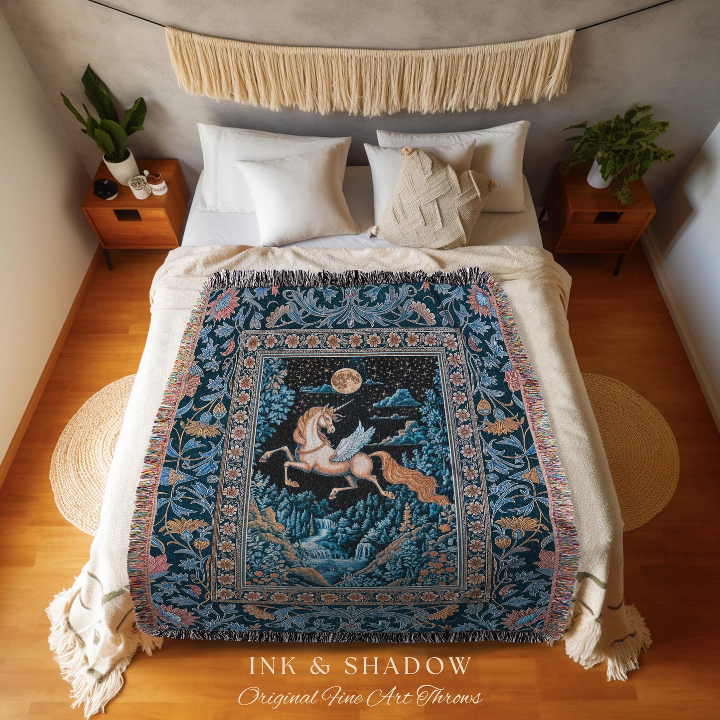 Moody Fantasy Mystic Pegasus Blanket | Enchanted Forest Landscape Midnight Sky Unicorn Decor Regal Baroque Fairytale Woven Tapestry Romantic
