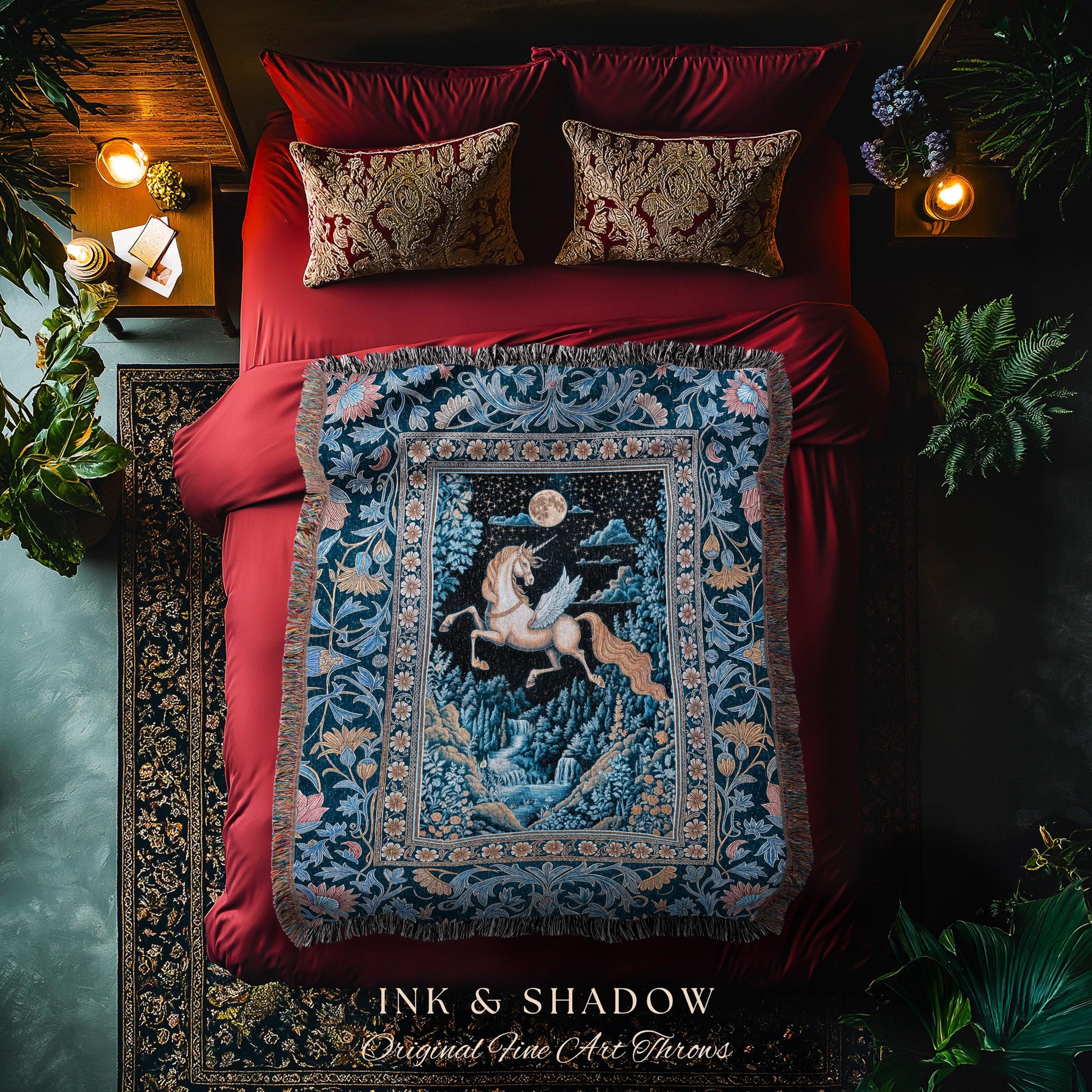 Moody Fantasy Mystic Pegasus Blanket | Enchanted Forest Landscape Midnight Sky Unicorn Decor Regal Baroque Fairytale Woven Tapestry Romantic