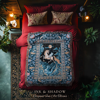 Moody Fantasy Mystic Pegasus Blanket | Enchanted Forest Landscape Midnight Sky Unicorn Decor Regal Baroque Fairytale Woven Tapestry Romantic