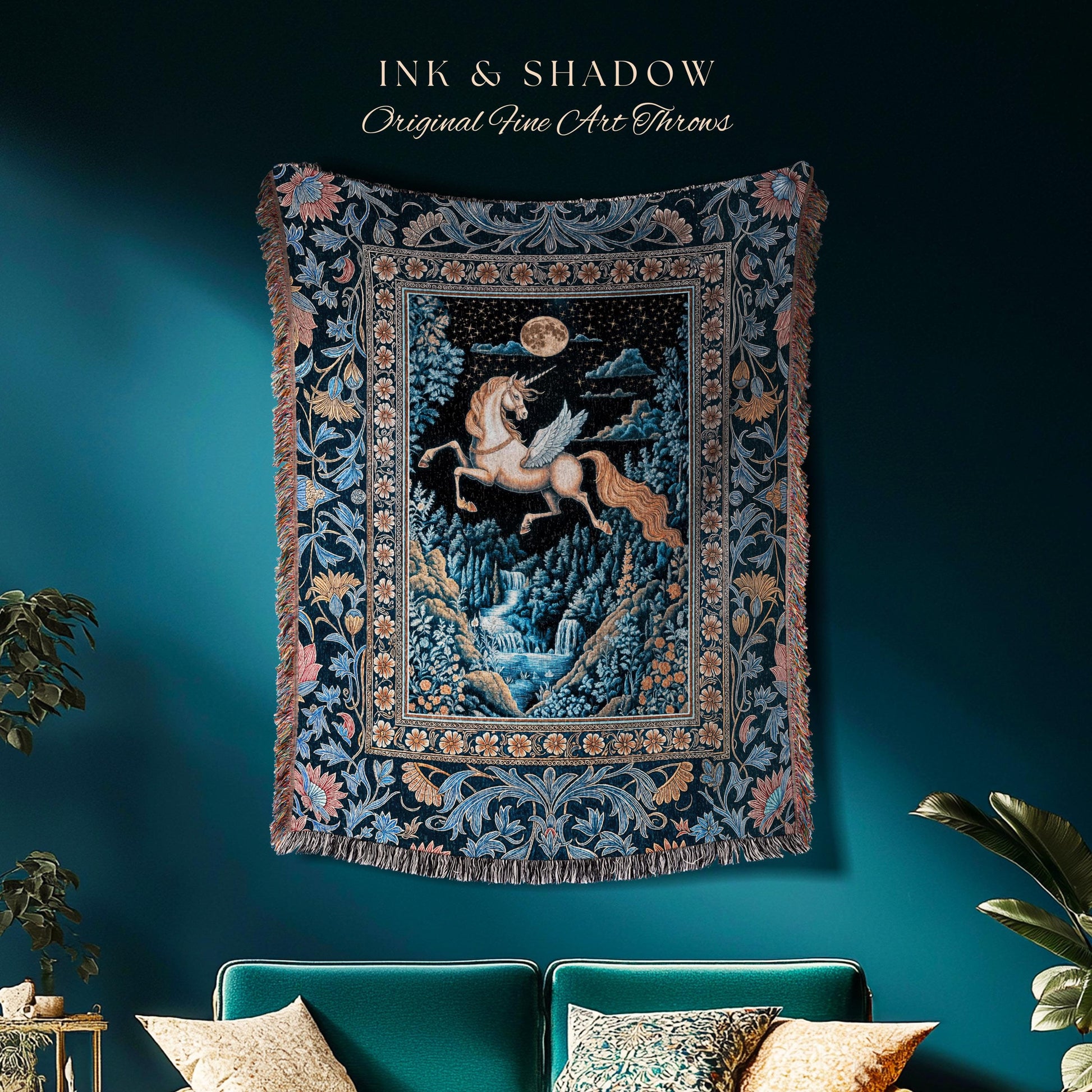 Moody Fantasy Mystic Pegasus Blanket | Enchanted Forest Landscape Midnight Sky Unicorn Decor Regal Baroque Fairytale Woven Tapestry Romantic