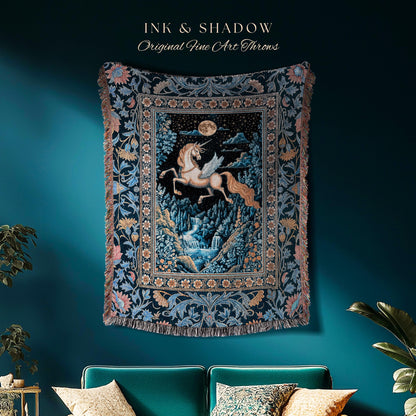 Moody Fantasy Mystic Pegasus Blanket | Enchanted Forest Landscape Midnight Sky Unicorn Decor Regal Baroque Fairytale Woven Tapestry Romantic