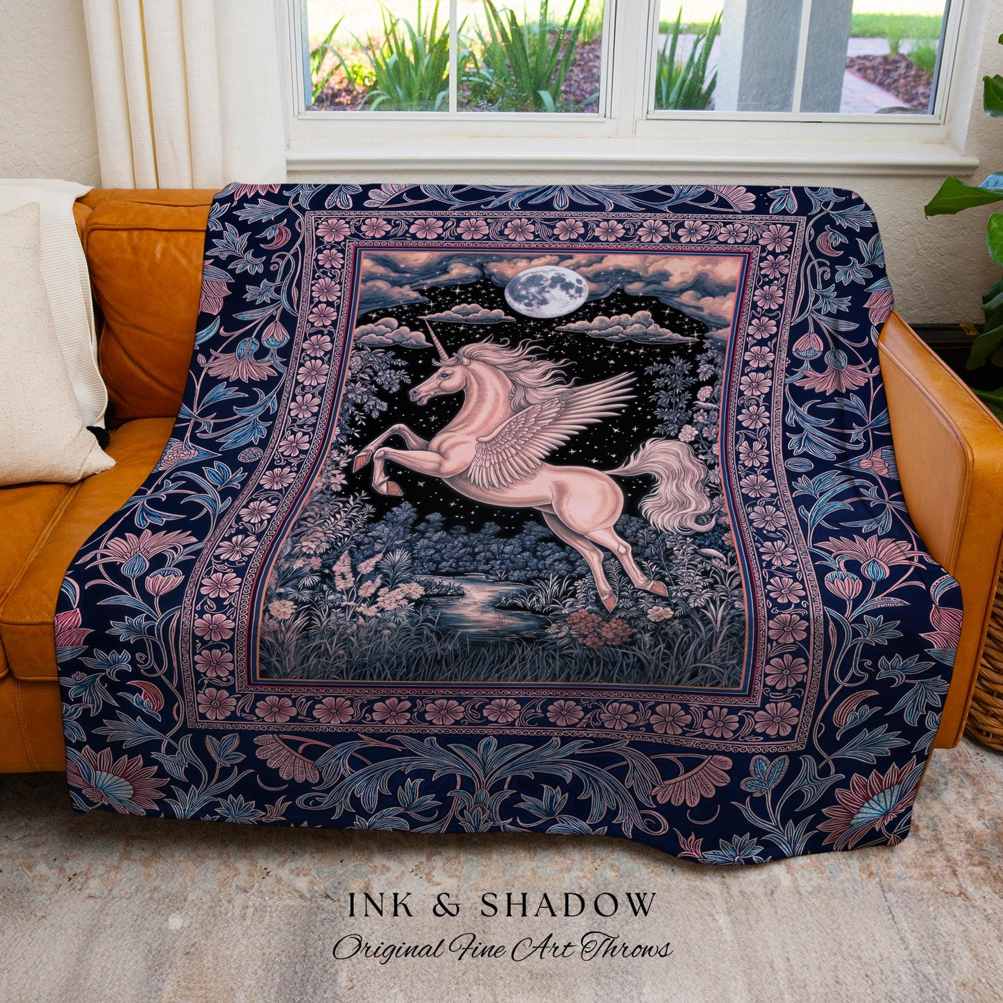 Pastel Dreamy Whimsical Unicorn Tapestry | Mystical Full Moon Fantasy Decor Baroque Fairytale Throw Blanket Regal Pegasus Castlecore Woven |