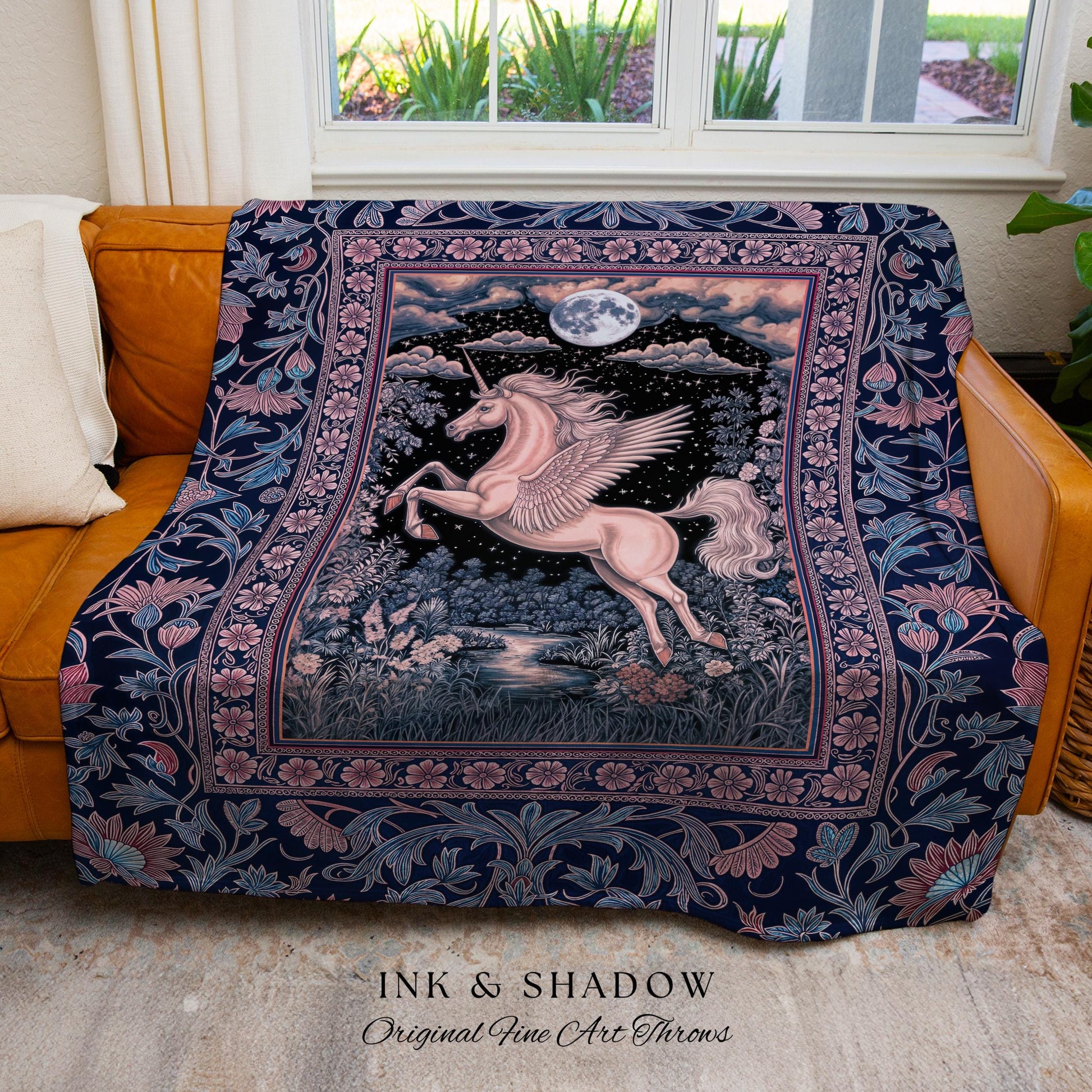 Pastel Dreamy Whimsical Unicorn Tapestry | Mystical Full Moon Fantasy Decor Baroque Fairytale Throw Blanket Regal Pegasus Castlecore Woven |