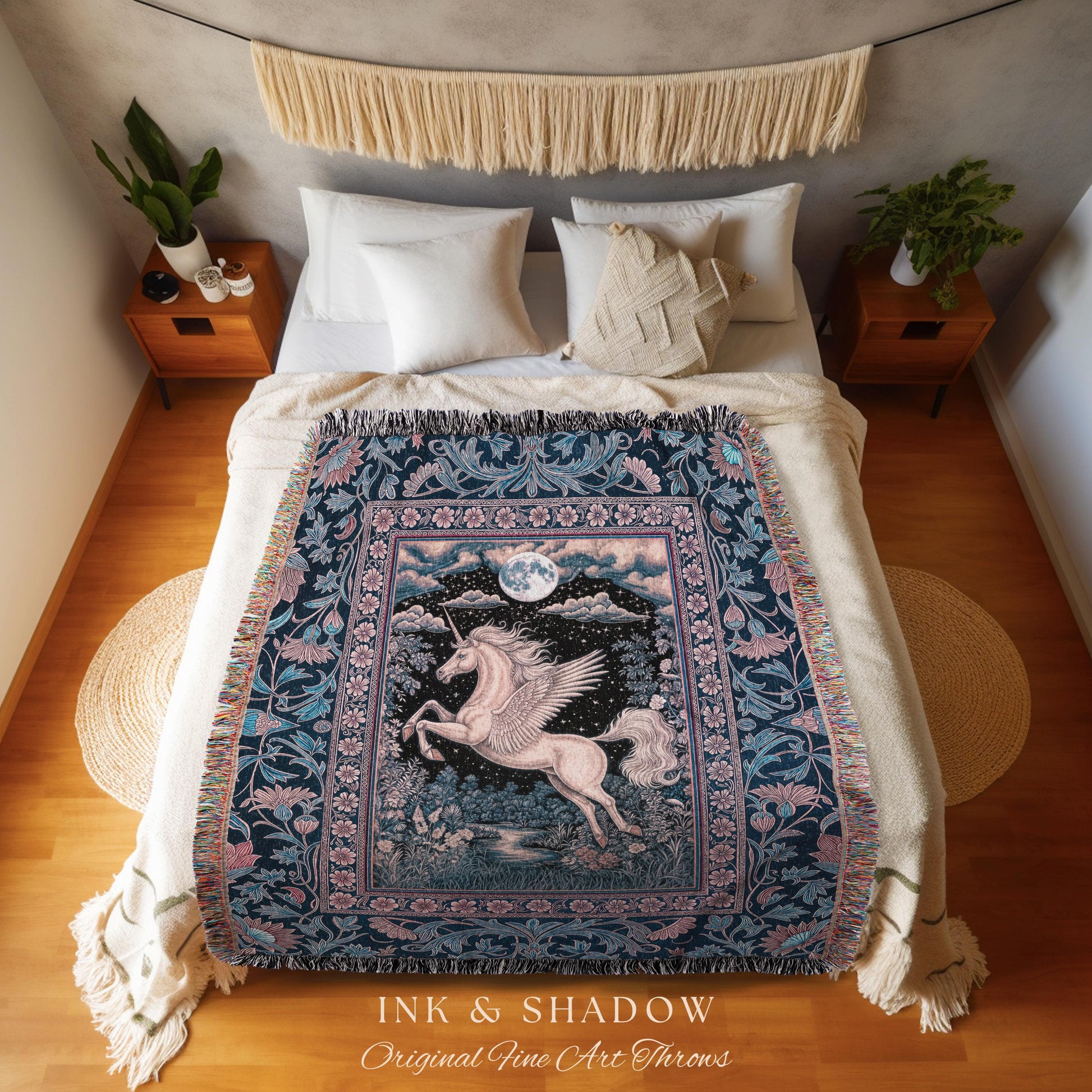 Pastel Dreamy Whimsical Unicorn Tapestry | Mystical Full Moon Fantasy Decor Baroque Fairytale Throw Blanket Regal Pegasus Castlecore Woven |