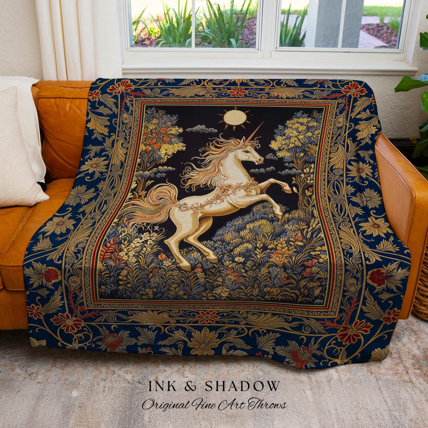 Victorian Unicorn Fairycore Blanket | Fairytale Nursery Decor Golden Baroque Woven Tapestry Castlecore Bedroom Romantic Forest Mystical |