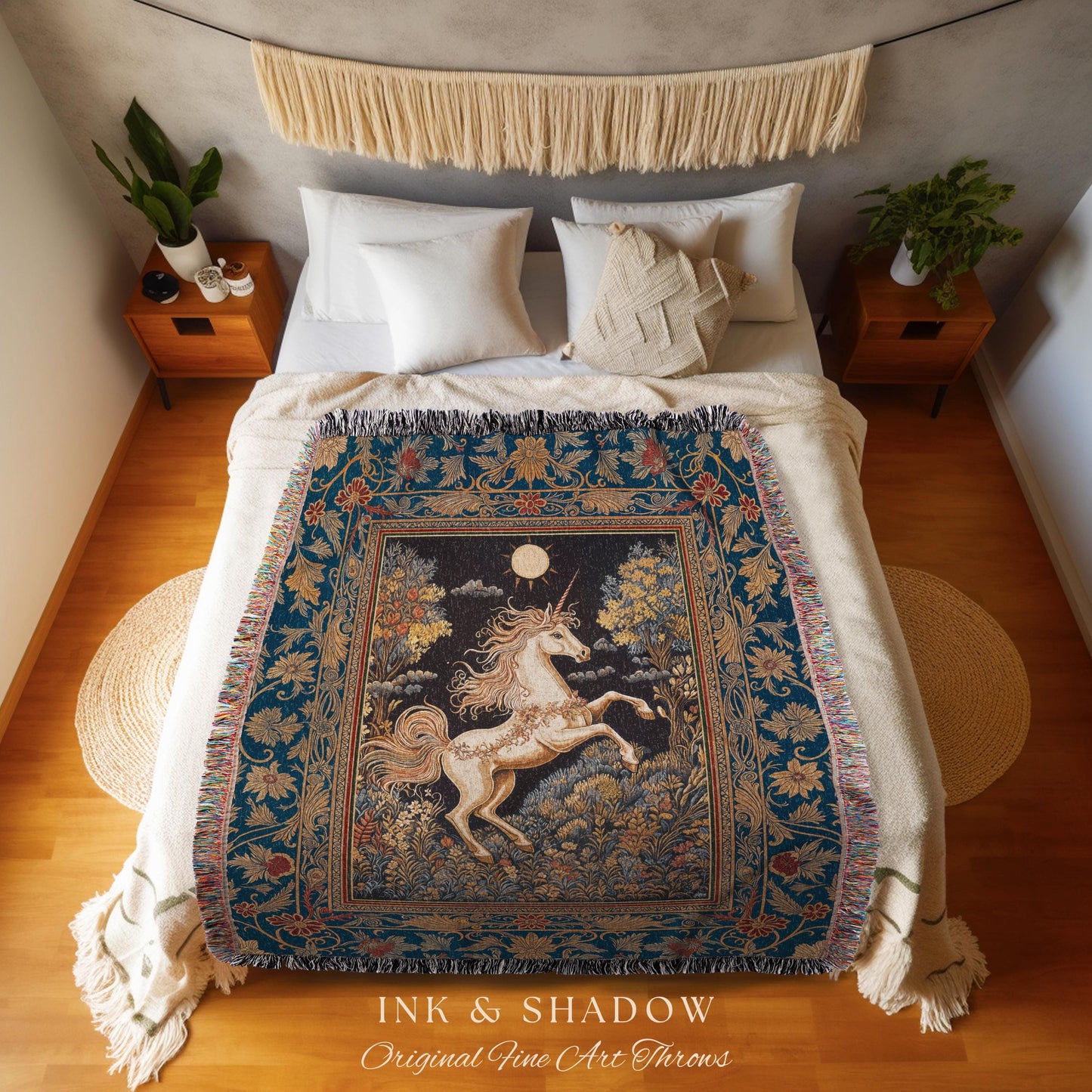 Victorian Unicorn Fairycore Blanket | Fairytale Nursery Decor Golden Baroque Woven Tapestry Castlecore Bedroom Romantic Forest Mystical |