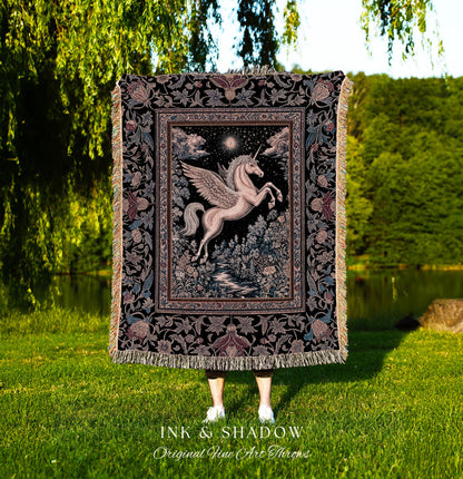 Fairytale Unicorn Fantasy Forest Tapestry | Maximalist Royalcore Decor Pink Castle Theme Gothic Bedroom Pegasus Baroque Throw Blanket Woven