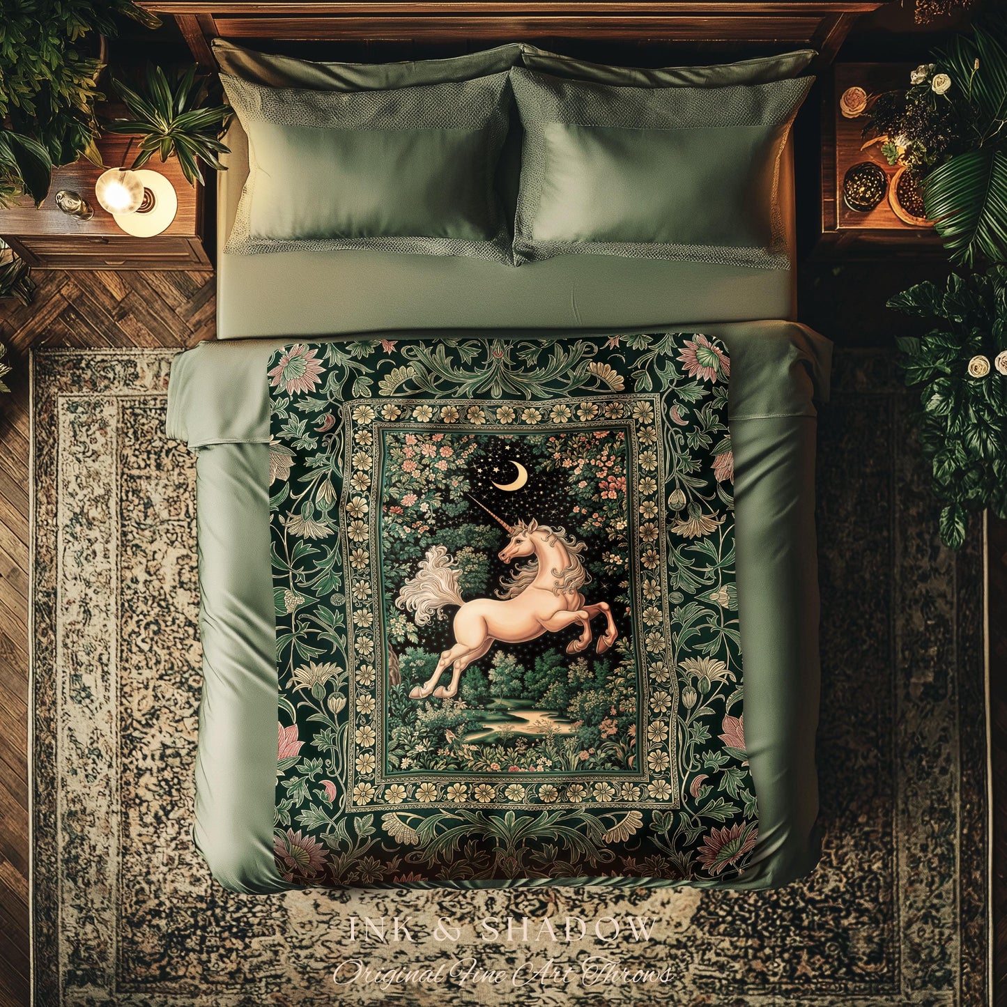 Magic Garden Unicorn Aesthetic Blanket | Crescent Moon Cottagecore Pegasus Regal Decor Forest Baroque Tapestry Castlecore Romantic Mystical