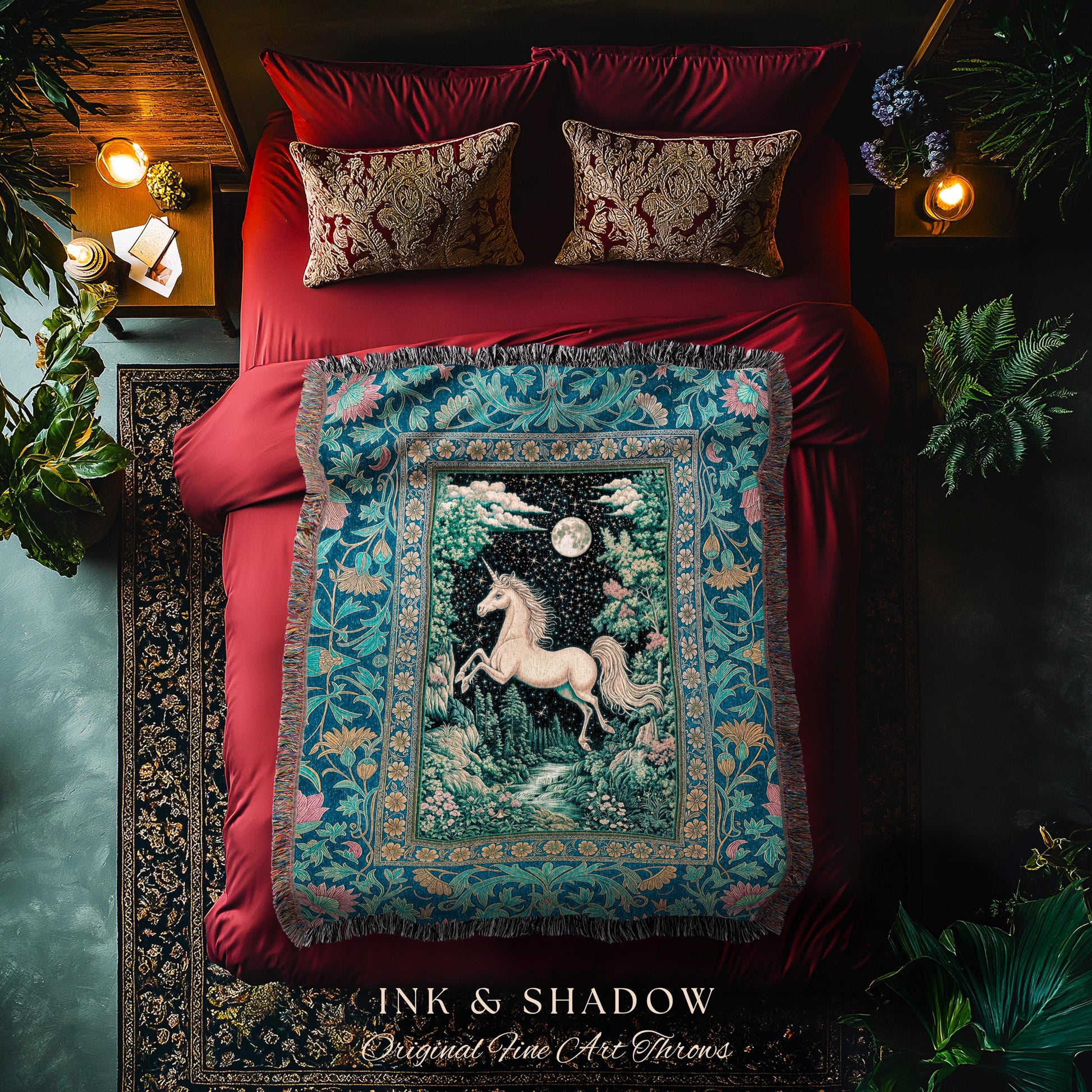 Unicorn Meadow Magical Aesthetic Throw | Castlecore Forest Fantasy Decor Fairytale Accent Regal Mystical Baroque Tapestry Regency Style Boho