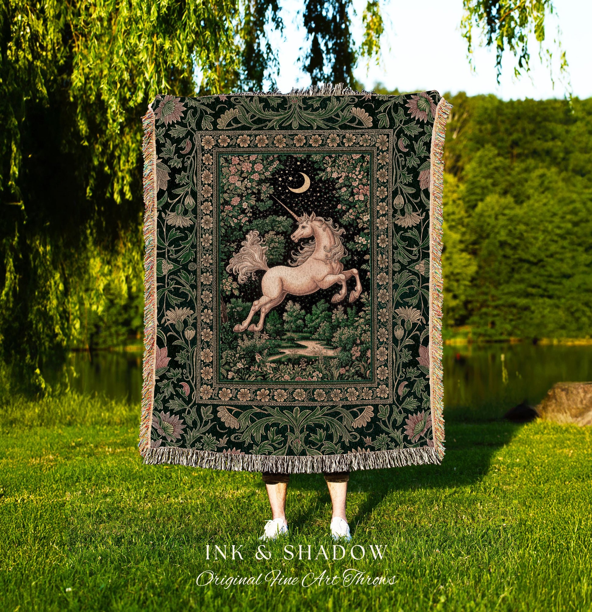 Magic Garden Unicorn Aesthetic Blanket | Crescent Moon Cottagecore Pegasus Regal Decor Forest Baroque Tapestry Castlecore Romantic Mystical