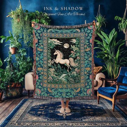 Unicorn Meadow Magical Aesthetic Throw | Castlecore Forest Fantasy Decor Fairytale Accent Regal Mystical Baroque Tapestry Regency Style Boho