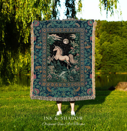 Unicorn Meadow Magical Aesthetic Throw | Castlecore Forest Fantasy Decor Fairytale Accent Regal Mystical Baroque Tapestry Regency Style Boho