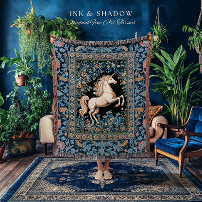 Twilight Floral Ornate Unicorn Tapestry | Blue Orange Baroque Fairytale Decor Regal Style Romantic Gothic Throw Blanket Accent Mystical |