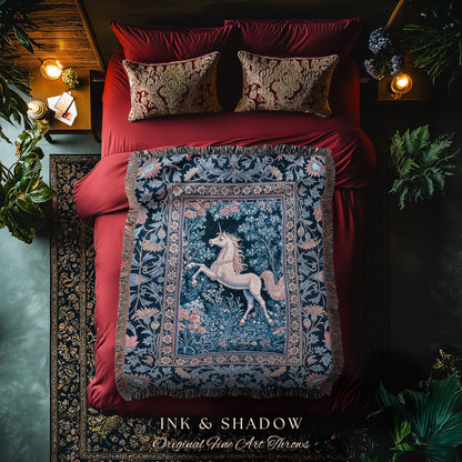 Storybook Unicorn Mystic Woven Throw | Pastel Blue Forest Pegasus Accent Fairytale Baroque Decor Romantic Tapestry Mystic Cottagecore Regal