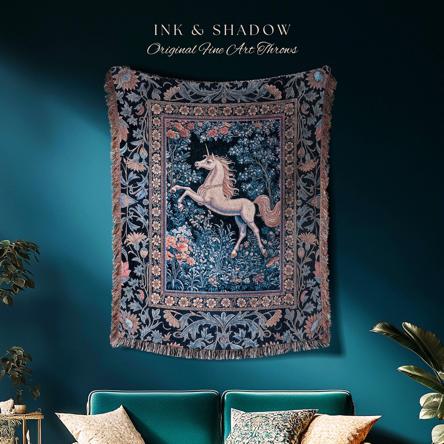 Storybook Unicorn Mystic Woven Throw | Pastel Blue Forest Pegasus Accent Fairytale Baroque Decor Romantic Tapestry Mystic Cottagecore Regal