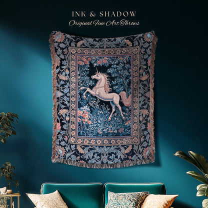 Storybook Unicorn Mystic Woven Throw | Pastel Blue Forest Pegasus Accent Fairytale Baroque Decor Romantic Tapestry Mystic Cottagecore Regal