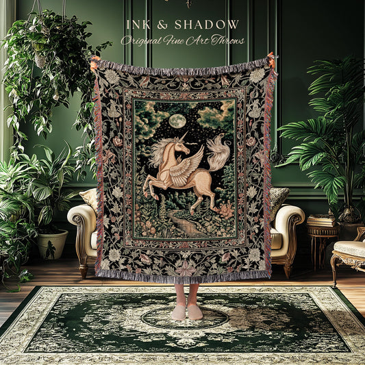Celestial Pegasus Unicorn Forest Tapestry | Baroque Decor Romantic Maximalist Fairytale Cottagecore Style Whimsical Castlecore Throw Blanket