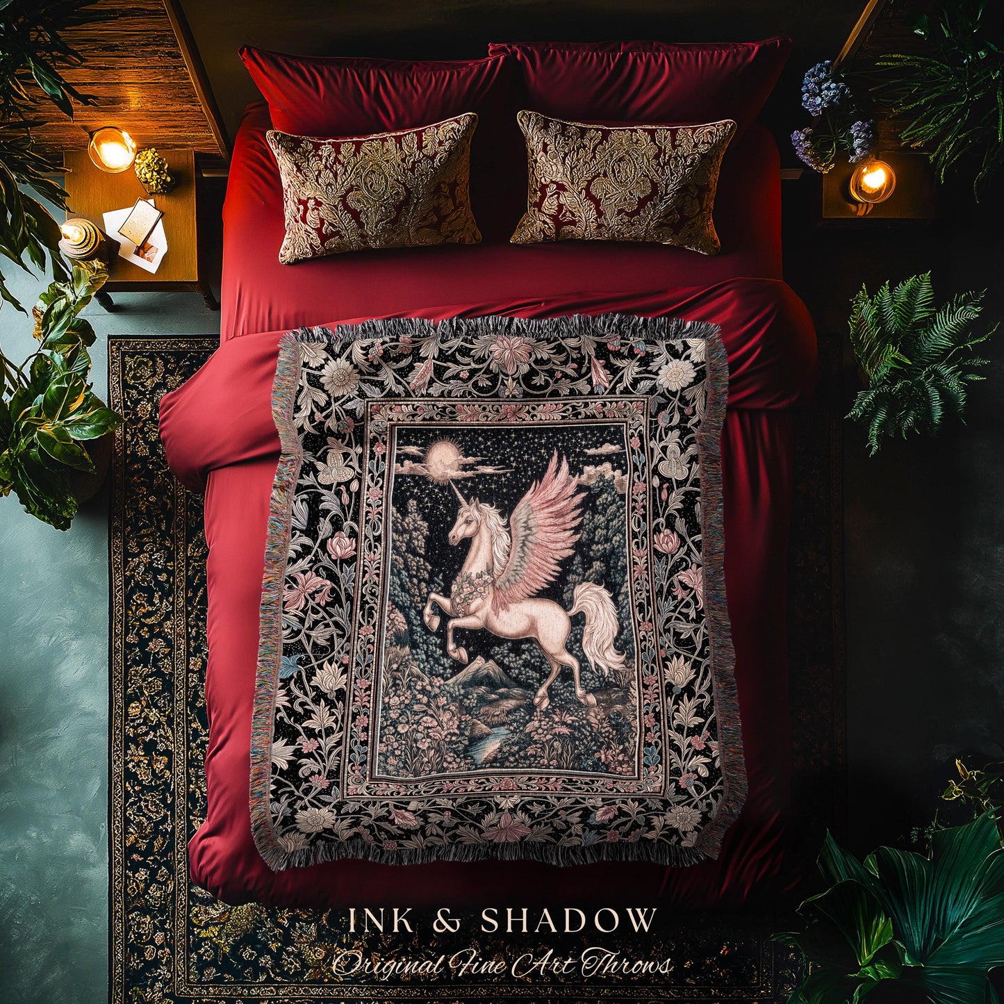 Mystical Pegasus Castlecore Throw Blanket | Coral Wing Unicorn Decor Fantasy Regal Fairytale Cottagecore Baroque Romantic Gothic Tapestry |