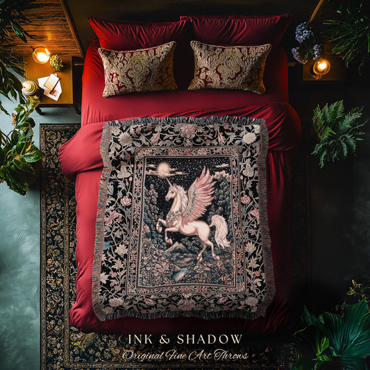 Mystical Pegasus Castlecore Throw Blanket | Coral Wing Unicorn Decor Fantasy Regal Fairytale Cottagecore Baroque Romantic Gothic Tapestry |