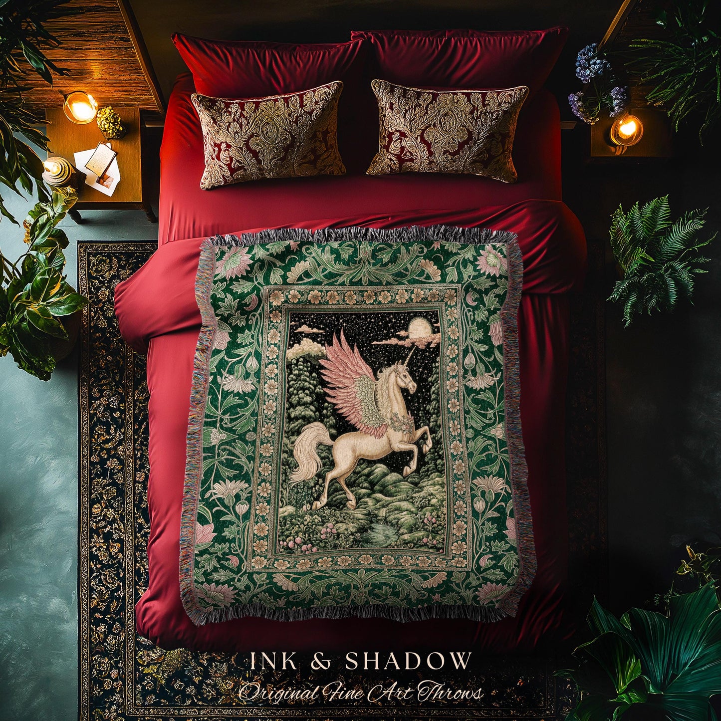 Verdant Landscape Celestial Unicorn Blanket | Fairytale Forest Decor Castlecore Maximalist Romantic Baroque Pegasus Fantasy Woven Tapestry |