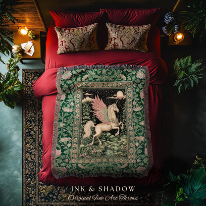 Verdant Landscape Celestial Unicorn Blanket | Fairytale Forest Decor Castlecore Maximalist Romantic Baroque Pegasus Fantasy Woven Tapestry |