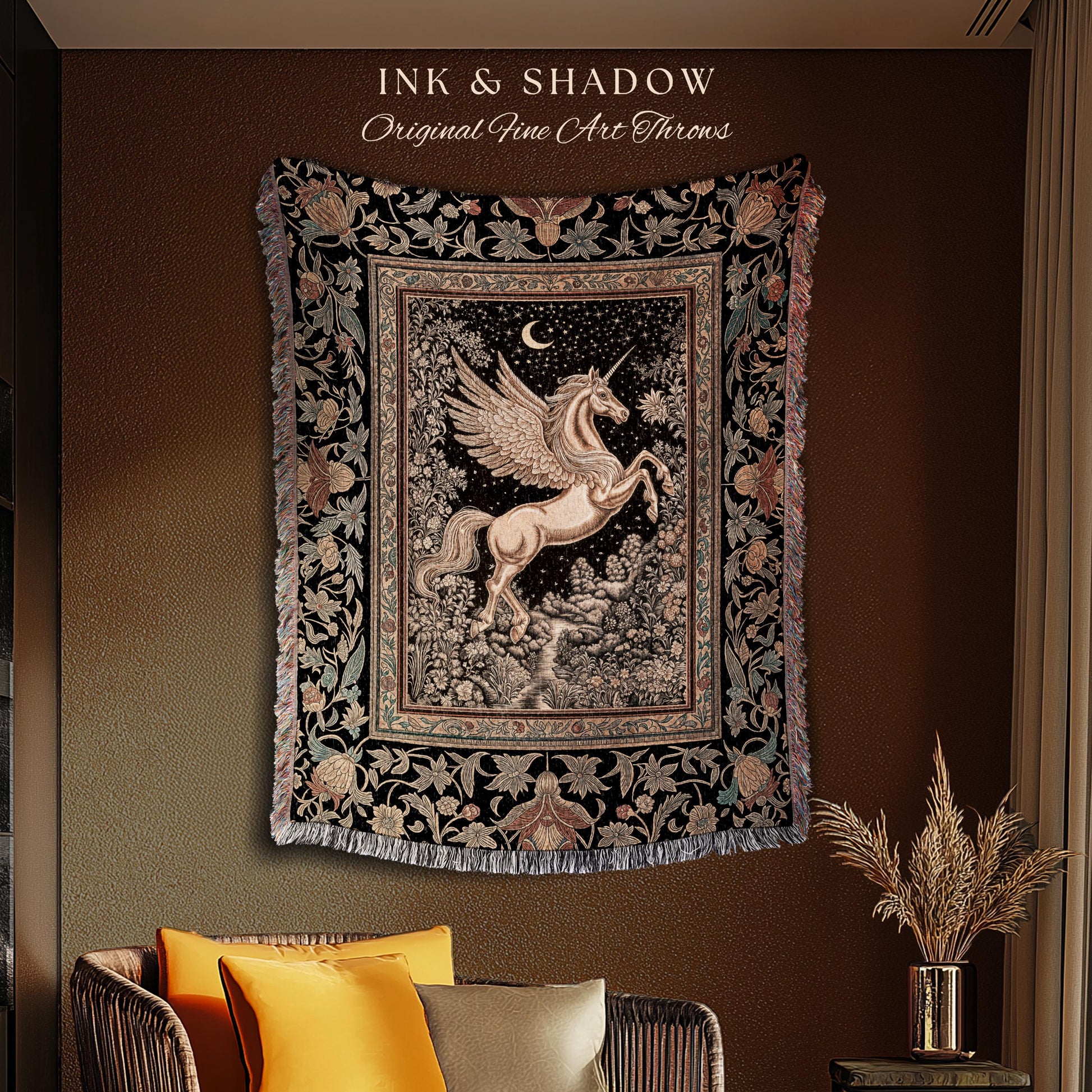 Golden Moon Regal Unicorn Tapestry | Forest Gothic Fairytale Woven Throw Blanket Pegasus Baroque Style Fantasy Decor Dreamy Cottagecore Boho