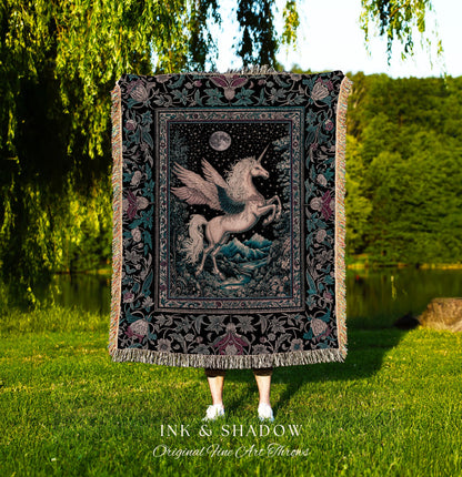 Pastel Moonlight Rustic Pegasus Throw | Baroque Fairytale Decor Whimsical Cottagecore Woven Tapestry Fantasy Boho Forest Regal Castlecore |