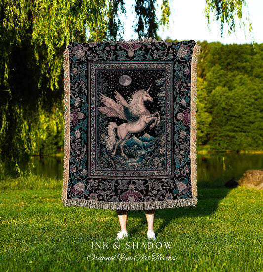 Pastel Moonlight Rustic Pegasus Throw | Baroque Fairytale Decor Whimsical Cottagecore Woven Tapestry Fantasy Boho Forest Regal Castlecore |