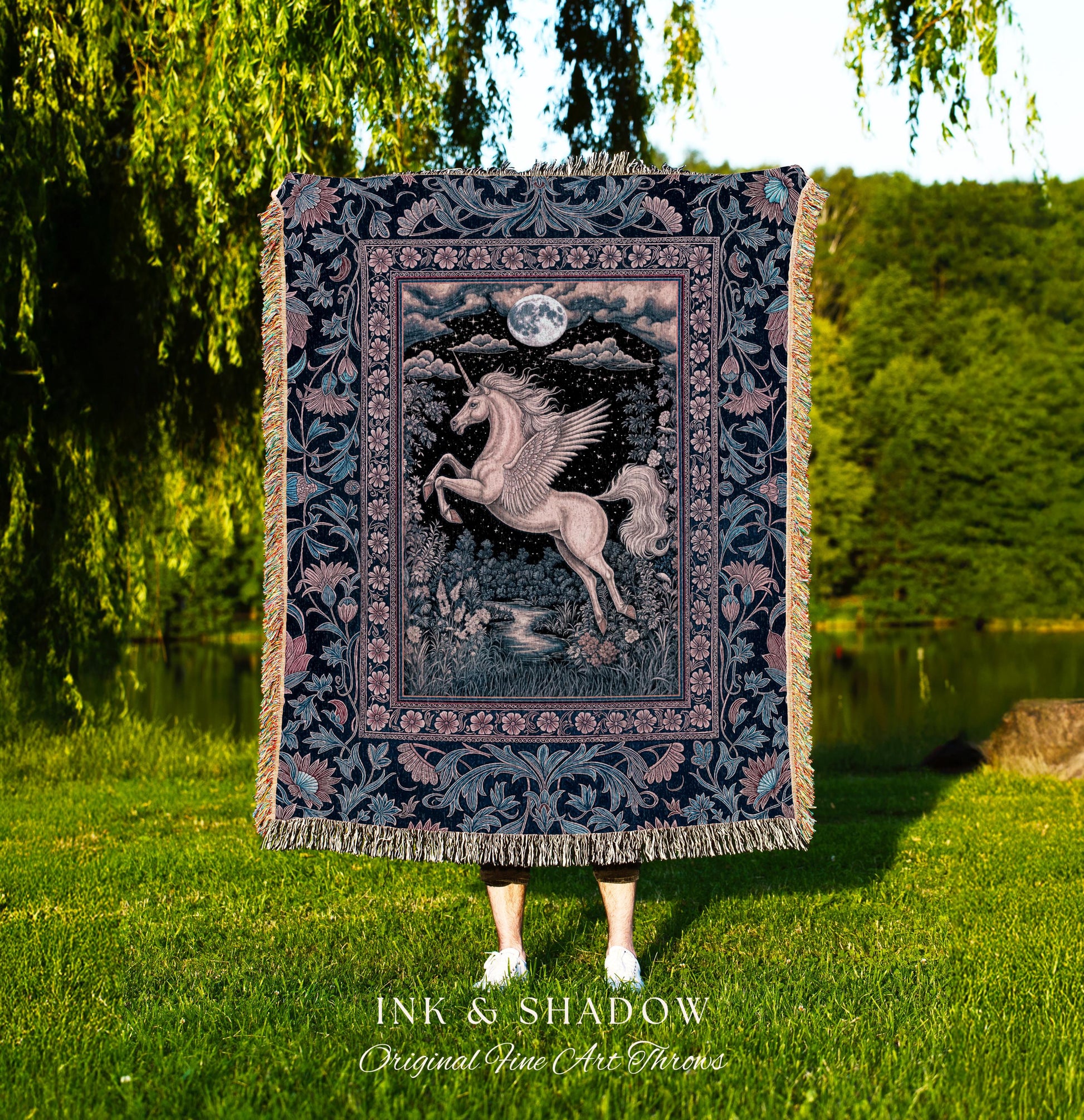 Pastel Dreamy Whimsical Unicorn Tapestry | Mystical Full Moon Fantasy Decor Baroque Fairytale Throw Blanket Regal Pegasus Castlecore Woven |