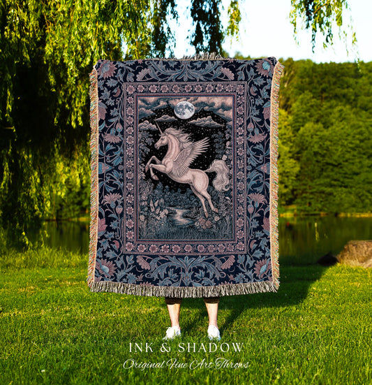 Pastel Dreamy Whimsical Unicorn Tapestry | Mystical Full Moon Fantasy Decor Baroque Fairytale Throw Blanket Regal Pegasus Castlecore Woven |