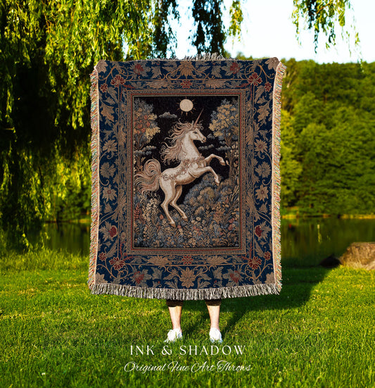 Victorian Unicorn Fairycore Blanket | Fairytale Nursery Decor Golden Baroque Woven Tapestry Castlecore Bedroom Romantic Forest Mystical |