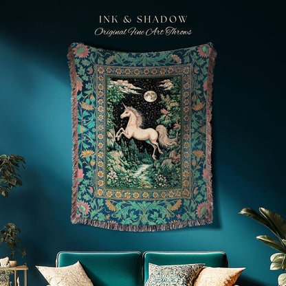Unicorn Meadow Magical Aesthetic Throw | Castlecore Forest Fantasy Decor Fairytale Accent Regal Mystical Baroque Tapestry Regency Style Boho