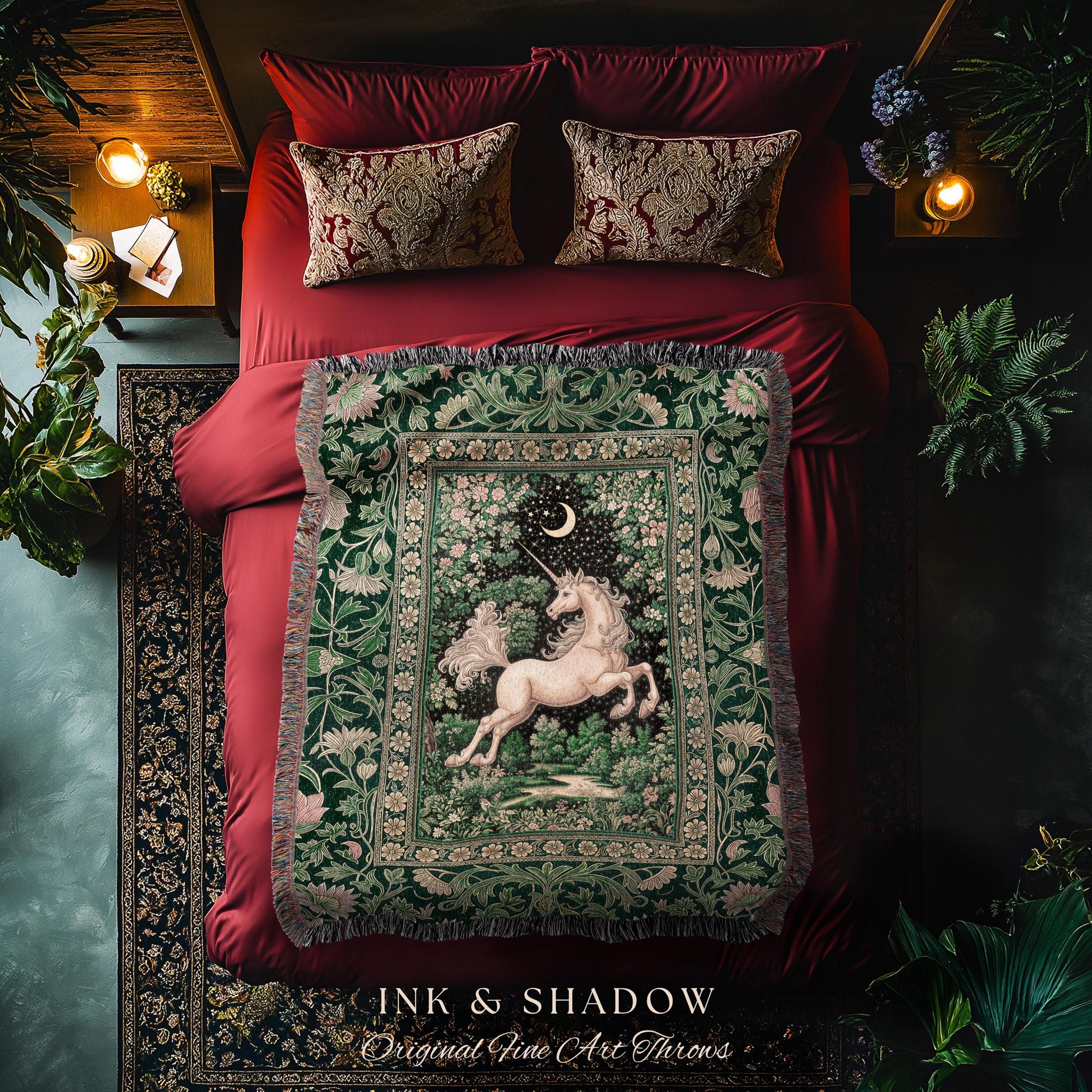 Magic Garden Unicorn Aesthetic Blanket | Crescent Moon Cottagecore Pegasus Regal Decor Forest Baroque Tapestry Castlecore Romantic Mystical