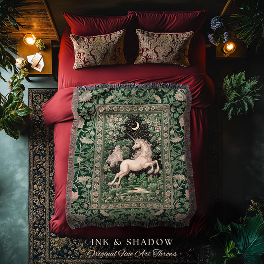 Magic Garden Unicorn Aesthetic Blanket | Crescent Moon Cottagecore Pegasus Regal Decor Forest Baroque Tapestry Castlecore Romantic Mystical