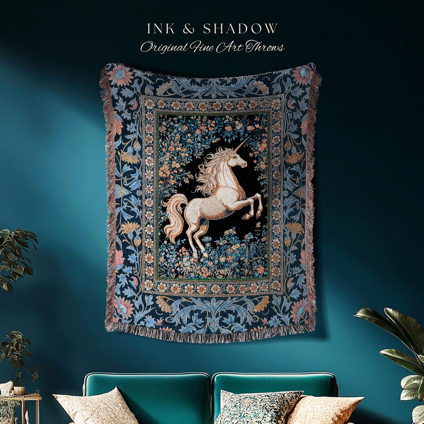 Twilight Floral Ornate Unicorn Tapestry | Blue Orange Baroque Fairytale Decor Regal Style Romantic Gothic Throw Blanket Accent Mystical |