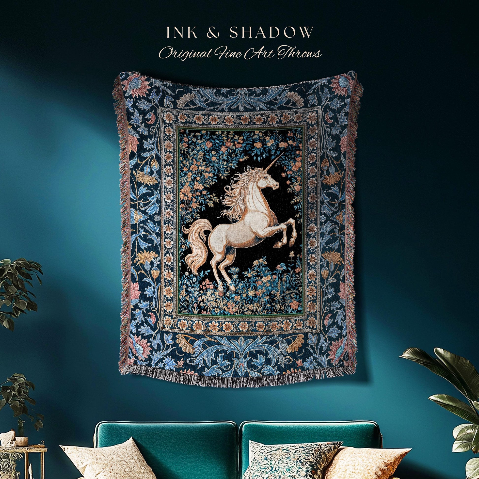 Twilight Floral Ornate Unicorn Tapestry | Blue Orange Baroque Fairytale Decor Regal Style Romantic Gothic Throw Blanket Accent Mystical |