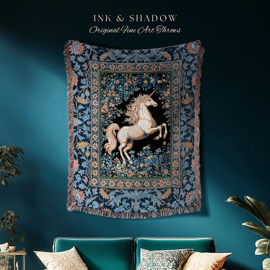 Twilight Floral Ornate Unicorn Tapestry | Blue Orange Baroque Fairytale Decor Regal Style Romantic Gothic Throw Blanket Accent Mystical |
