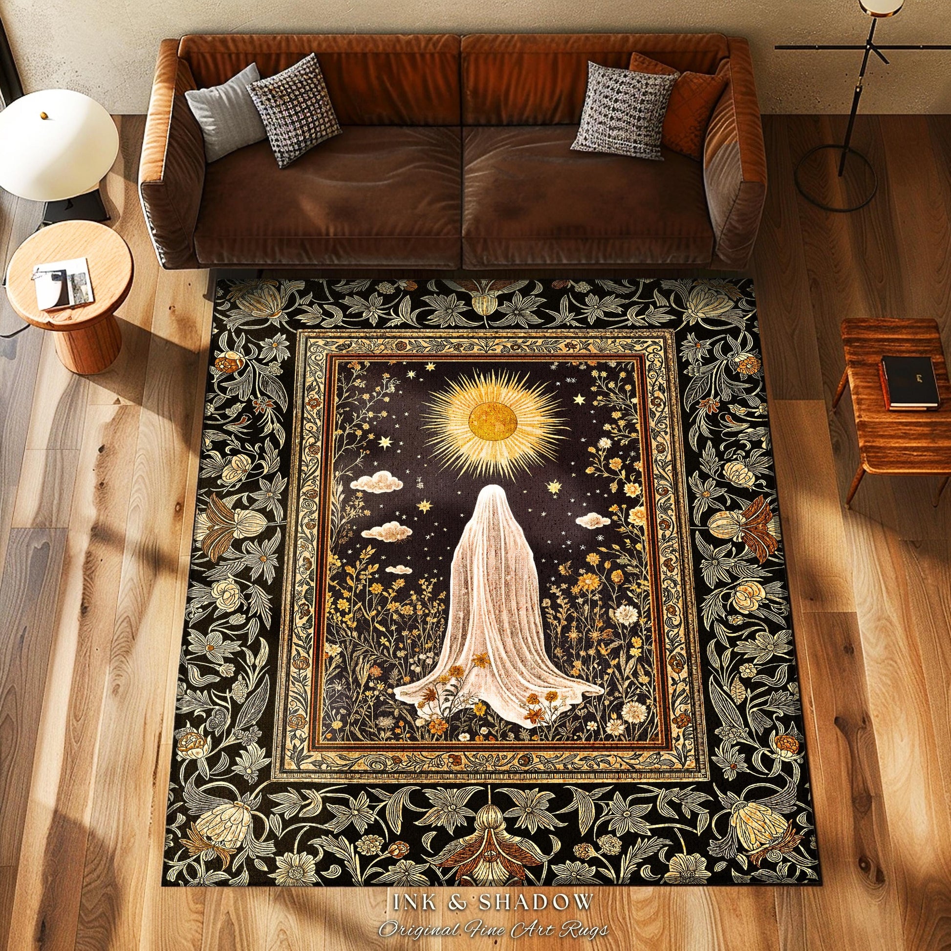 Golden Hour Mystic Ghost Rug | Autumn Floral Aesthetic Area Rug Halloween Decor Whimsigoth Cottagecore Spirit Home Decor Witchy Theme Accent