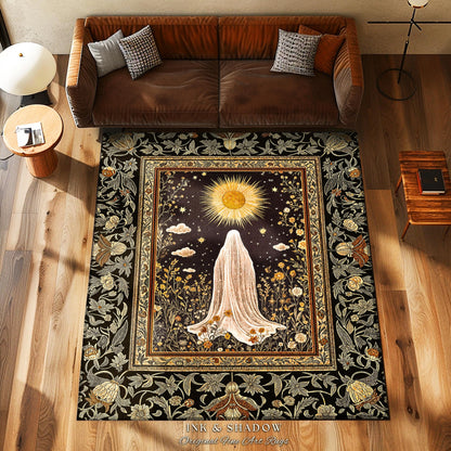 Golden Hour Mystic Ghost Rug | Autumn Floral Aesthetic Area Rug Halloween Decor Whimsigoth Cottagecore Spirit Home Decor Witchy Theme Accent